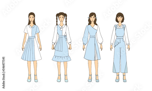 Assymetrical skirt uniform fashion illustration vector design white blue. 
Suitable for sewing course content, fashion design contest, course, and tutorial