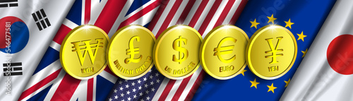 Vector 3d coins. England golden pound, american dollar, euro, won and yen. UK, US, EU, Republic of Korea and Japan currency symbols. Wavy country flags. Political banner