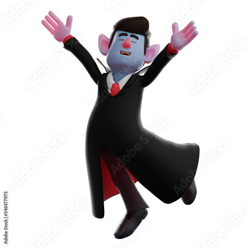 3D illustration. 3D illustration of Vampire Dracula character showing happy expression. Have a pose with both hands raised upwards. showing a smile with his eyes closed. 3D Cartoon Character