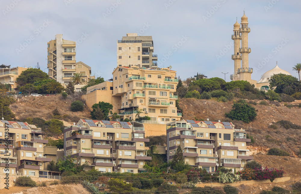 Residential buildings on a mountainside in Haifa in Israel