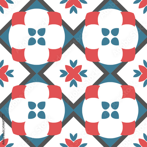 Tile seamless pattern design. With blue and red motifs. Vector illustration.
