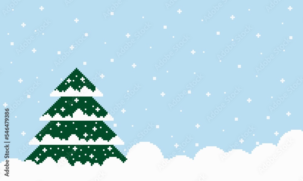 Christmas design in pixel art, with artistic green christmas tree, blue background, snow and copy space. Wallpaper, background. Christmas design in pixel art, with artistic green christmas tree, blue background, snow and copy space. Wallpaper, background.