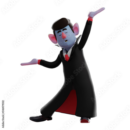   3D illustration. 3D Dracula Vampire character image with a cute dancing pose. opened his arms wide. with his eyes closed. 3D Cartoon Character
