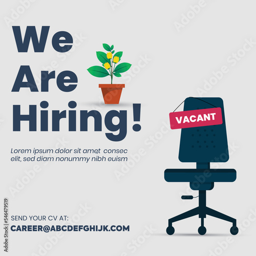 Hiring .We are hiring join our team announcement banner for facebook post, vacant sign on empty office chair. We're Hiring with empty office ready to be occupied by employee. Send your cv. Apply now