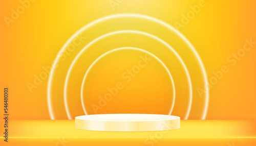 3d Background product display podium scene with Yellow circle stand and Neon Ring Light on Orange colour background,Vector minimal backdrop banner design for shooting for presentation, promotion,Sales