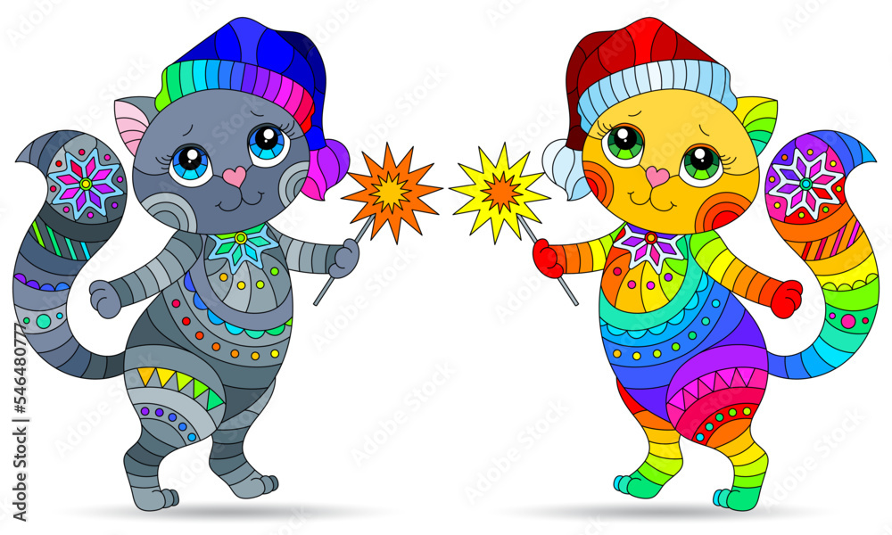 A set of illustrations in the style of stained glass with cute cartoon cats, animals isolated on a white background