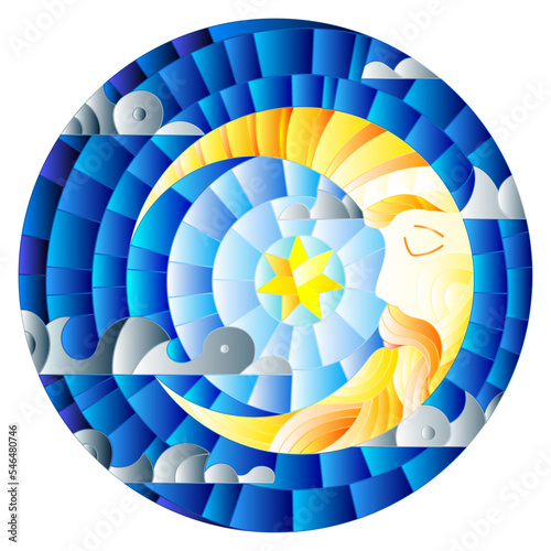 Illustration in stained glass style with moon on cloudy sky background, round image