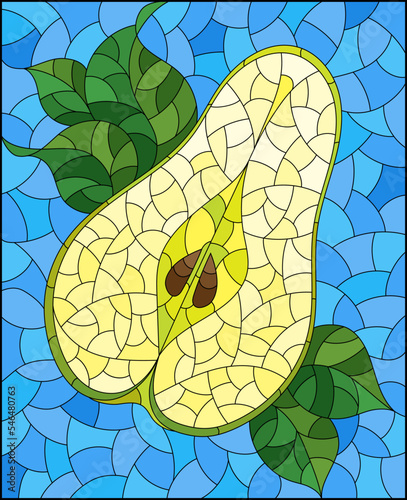 An illustration in the style of a stained glass window with a pear, cherries and leaves on a blue background