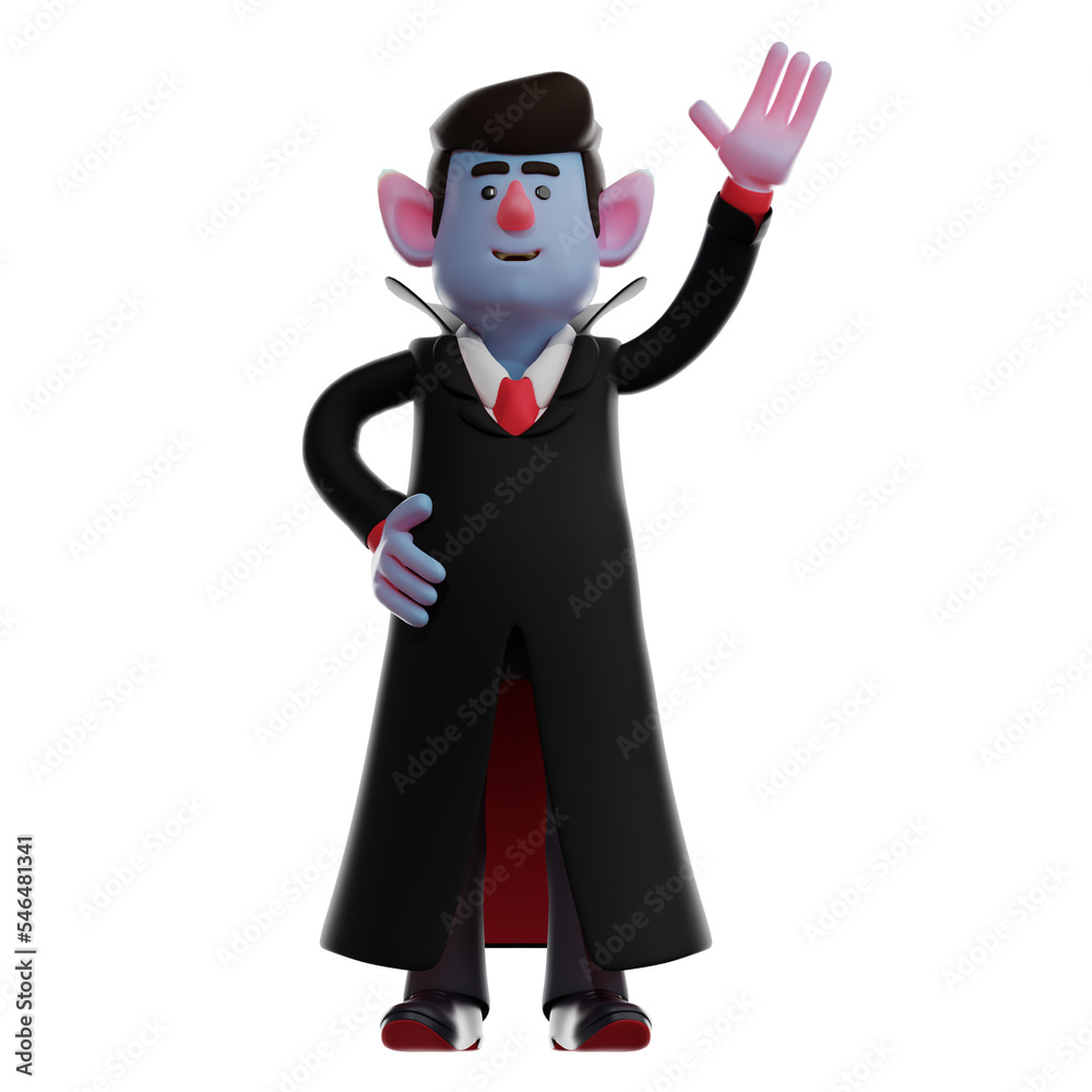  3D illustration. 3D Dracula Vampire Cartoon Character waving. while saying hi. Show a friendly smiling expression. 3D Cartoon Character