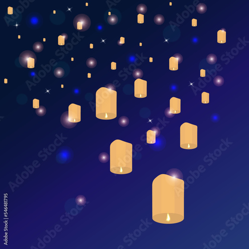 Blue sky. Background, wallpaper. Sky lanterns floating in the air at night.