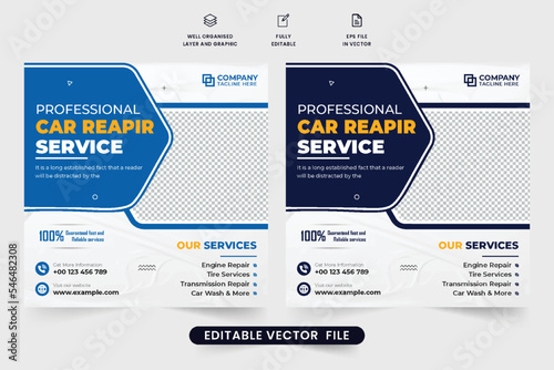 Vehicle repair business advertisement template vector for social media marketing. Car maintenance service promotional poster design with blue and yellow colors. Automobile business advertisement.