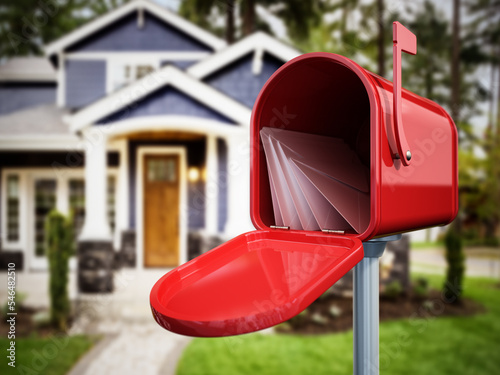 Open mailbox with letters standing outside the luxury home. 3D illustration photo
