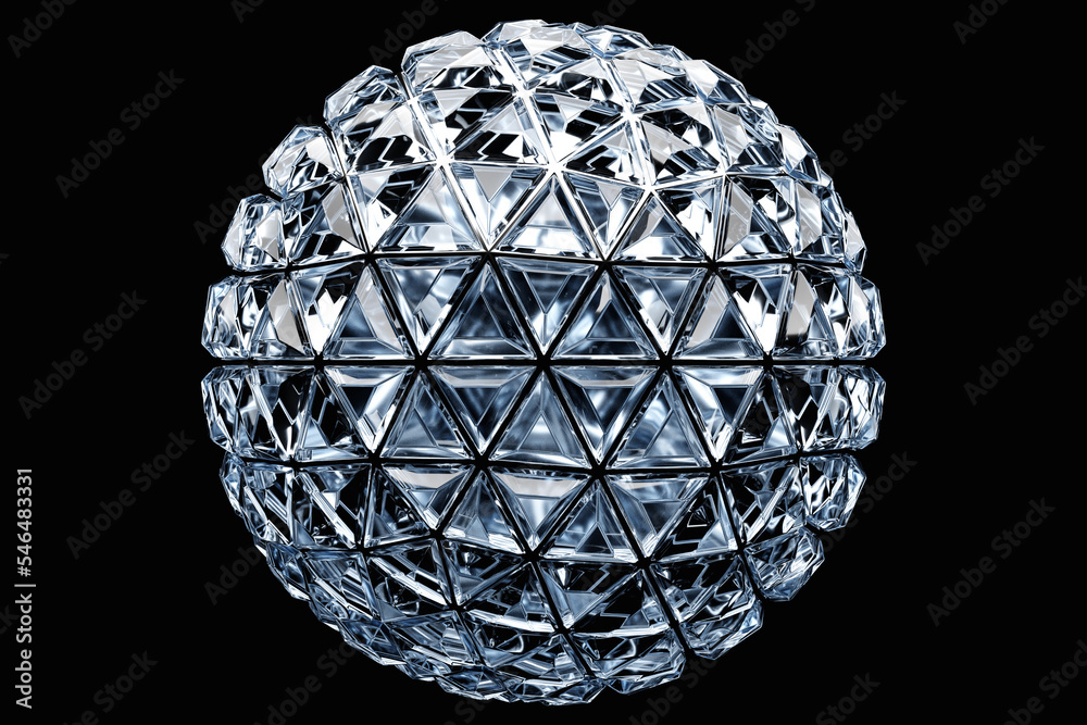 3D illustration of a transparent glass  ball  with many faces, crystals scatter   on a black  background under a white neon light. Simple geometric figure. Cyber ball shape