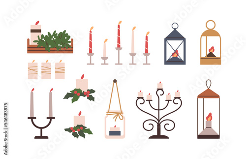 Christmas candles on candlesticks, holders, in lanterns. Xmas light decoration set. Candlelight, lamps, festive flame, holiday ornament. Flat graphic vector illustrations isolated on white background