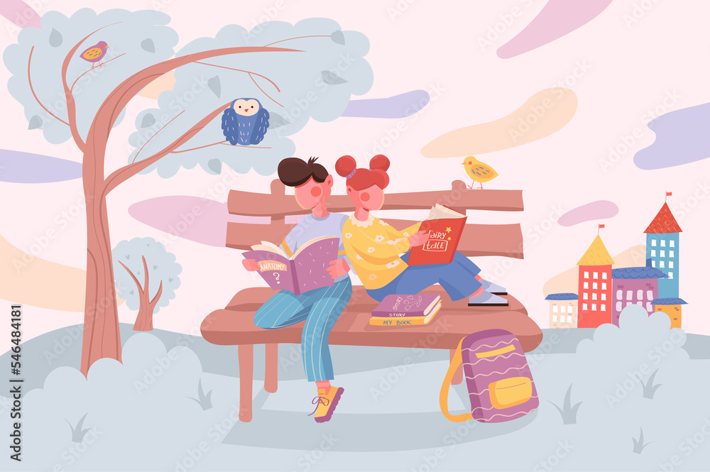 Education banner. Kids read books and do homework while sitting on bench at city park background. Pupils studying at school poster. Illustration for backdrop or placard in flat cartoon design Education banner. Kids read books and do homework while sitting on bench at city park background. Pupils studying at school poster. Illustration for backdrop or placard in flat cartoon design