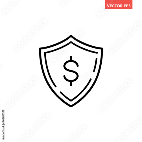 Black single money protection shield line icon, dollar shield shape flat design pictogram, infographic vector for app logo web button ui ux interface elements isolated on white background