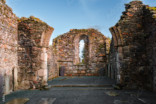 Ruins of a church in the Glendalough Valley  Wicklow Mountains National Park  County Wicklow  Ireland
