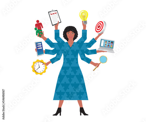 Woman looking like Shiva with plenty of arms, trying to multitask. Isolated on white background. Vector illustration.