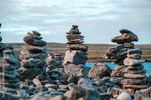 Balancing stone cairn stack on Inishmore, County Galway, Ireland