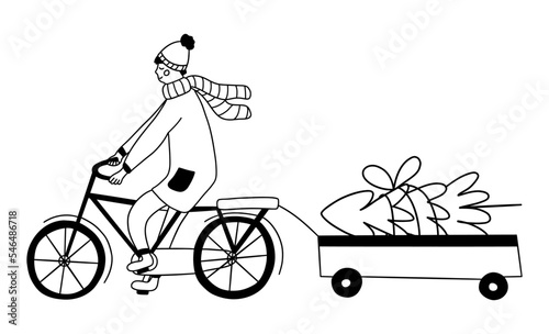 Young man in coat rides a bicycle and pushes Christmas tree in cart. Black and white vector isolated illustration hand drawn doodle. Winter holiday season, new year eve