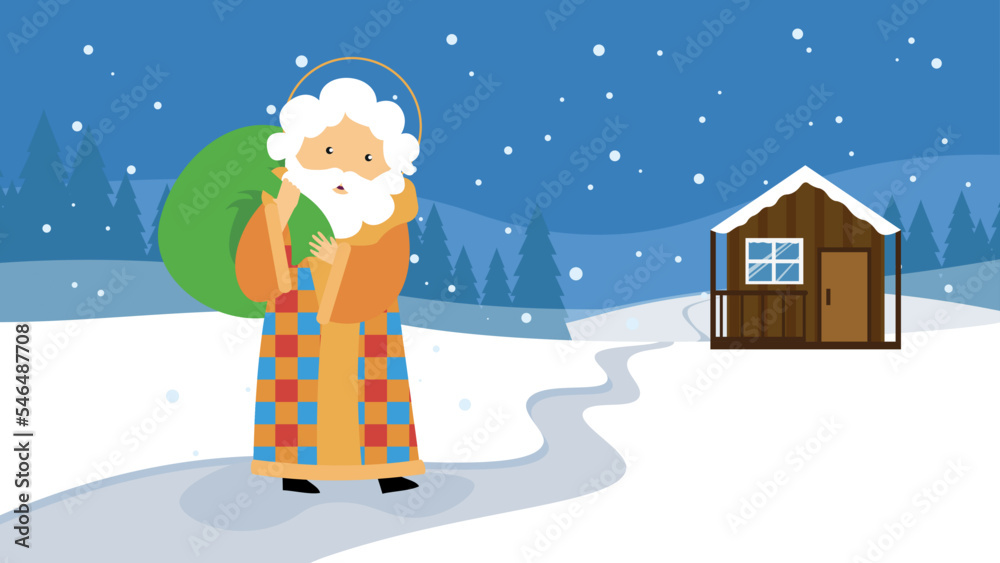 Santa Claus with a bag on the background of a wooden hut Santa Claus with a bag on the background of a wooden hut