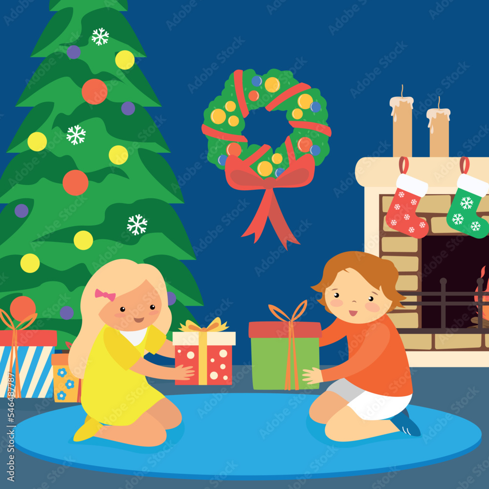 Obraz premium Children unpack gifts at home near the Christmas tree