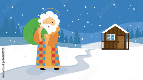 Santa Claus with a bag on the background of a wooden hut