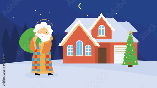 Santa Claus with a bag on the background of the house