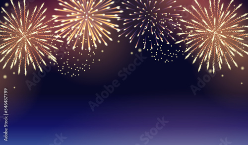 Vector illustration of colorful fireworks in the night sky. For holiday celebrations, greeting cards, posters, banners, flyers.