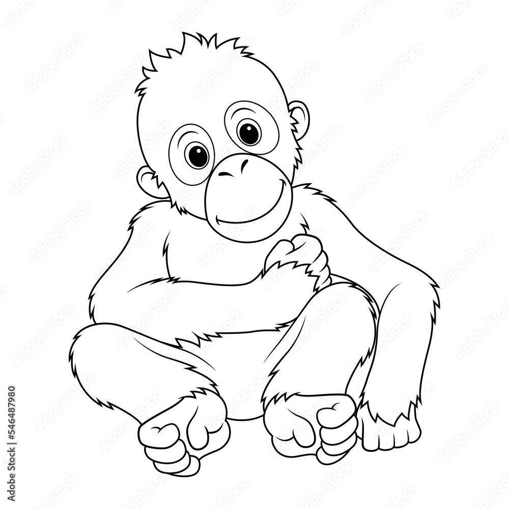 Fototapeta premium Little Orangutan Cartoon Animal Illustration BW