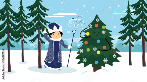 Santa Claus in the forest near the Christmas tree