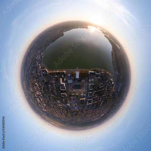 Votkinsk, Russia. Panorama of the city. Votkinsk dam, 1758. Votkinsky pond and plant. Sunset time. Aerial view. 360 degree aerial panoramic asteroid photo