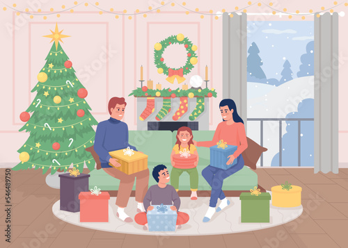 Parents unwrapping presents with kids flat color vector illustration. Wintertime. Holiday tradition. Decorated home. Fully editable 2D simple cartoon characters with christmas tree on background