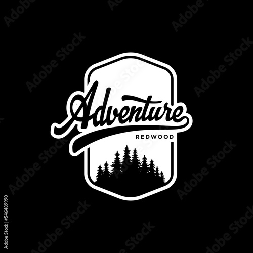 tree redwood and woodland logo emblem vector illustration. Outdoor adventure expedition, mountains silhouette shirt, print stamp. Vintage typography