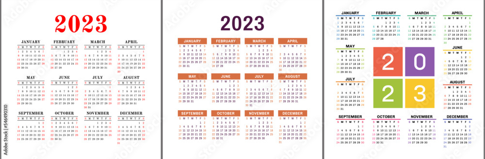 Calendar 2023. Square vector calender design template. English color set. Week starts on Sunday. January, February, March, April, May, June, July, August, September, October, November, December Calendar 2023. Square vector calender design template. English color set. Week starts on Sunday. January, February, March, April, May, June, July, August, September, October, November, December