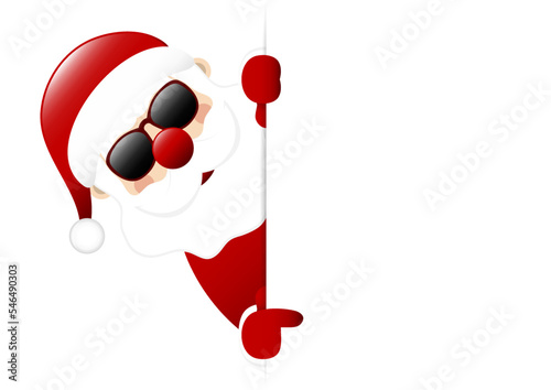 Santa Sonnenbrille Links Zeigt Mit Finger Auf Vertikales Banner Dunkelrot photo