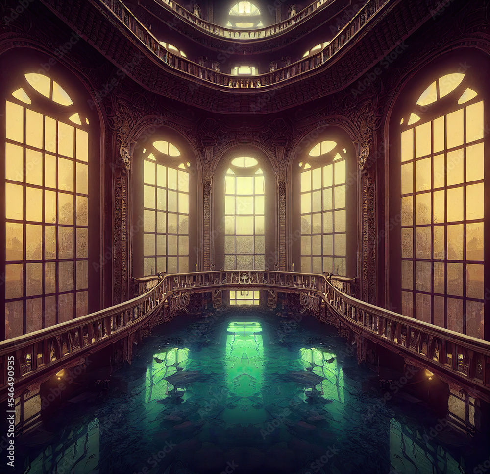 Majestic Palace Hall Interior Swimming Pool Interior. Fantasy Backdrop ...