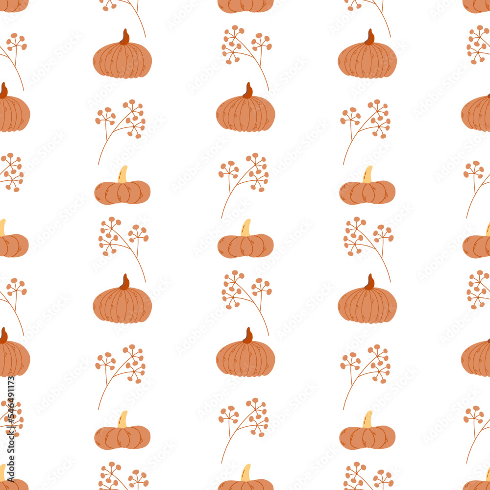 Seamlesspattern with pumpkins and branch of berries. Autumn background. Vector illustration.