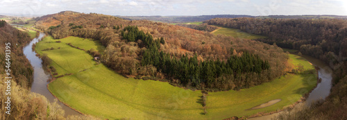 View from Symonds Yat Rock looking towards Coppett Hill and the meandering River Wye border between Gloucestershire and Herefordshire, England, United Kingdom photo