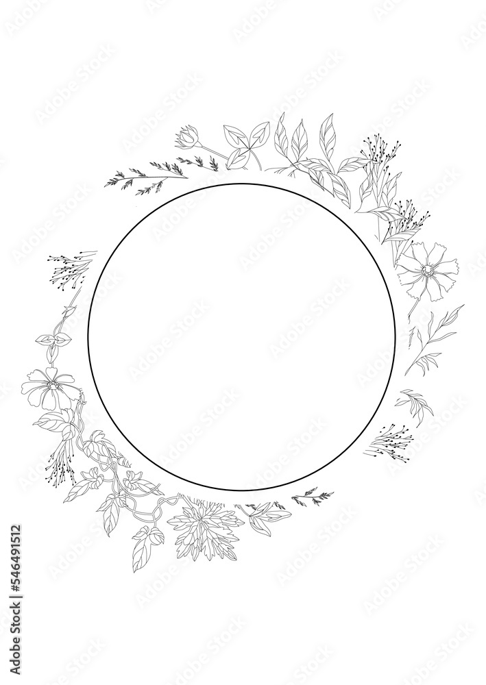 Floral spring design with flowers, and leaves, of field plants. Round shape with space for text. Template for the sale of a banner or leaflet.