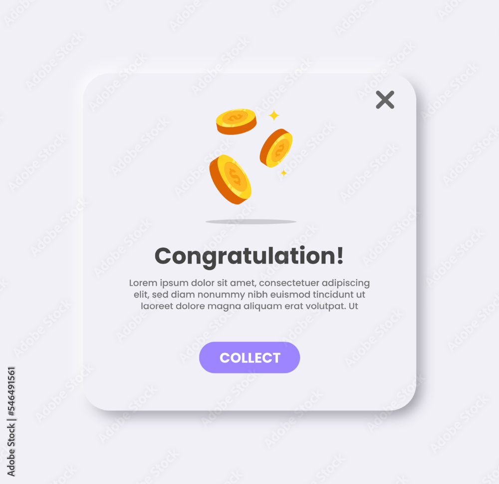 Reward pop up illustration in light neomorphic design style. User interface element.
