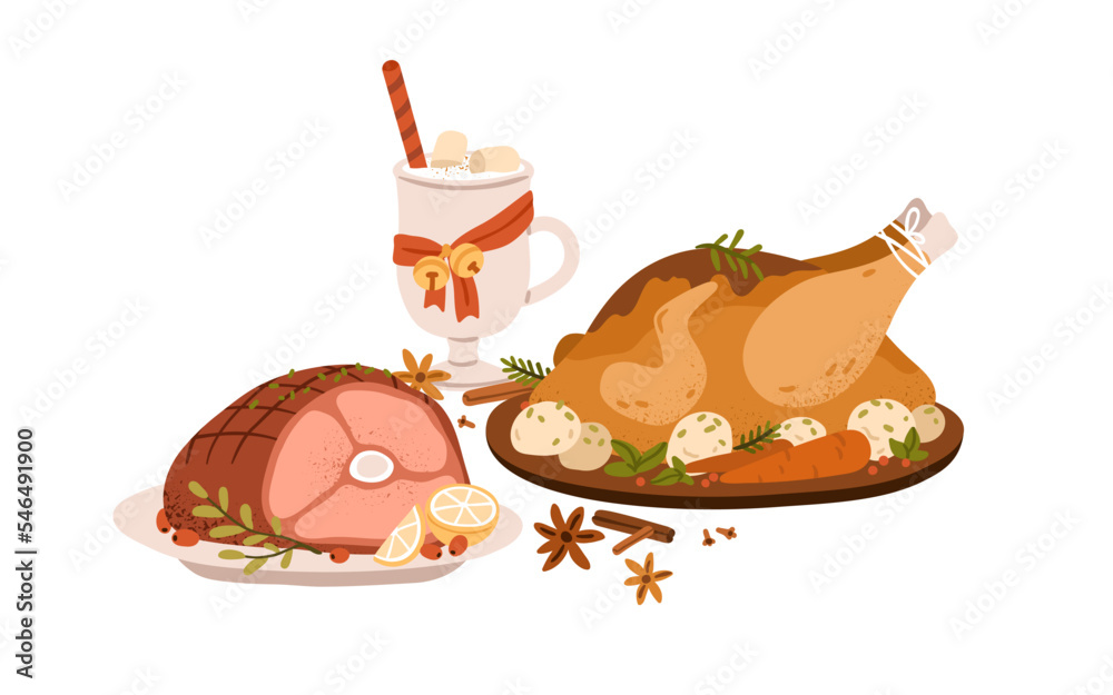 Christmas dishes, roasted pork knuckle and grilled turkey. Festive traditional meals, meat. Served ham hock and chicken, cocoa with marshmallow. Flat vector illustration isolated on white background - obrazy, fototapety, plakaty 