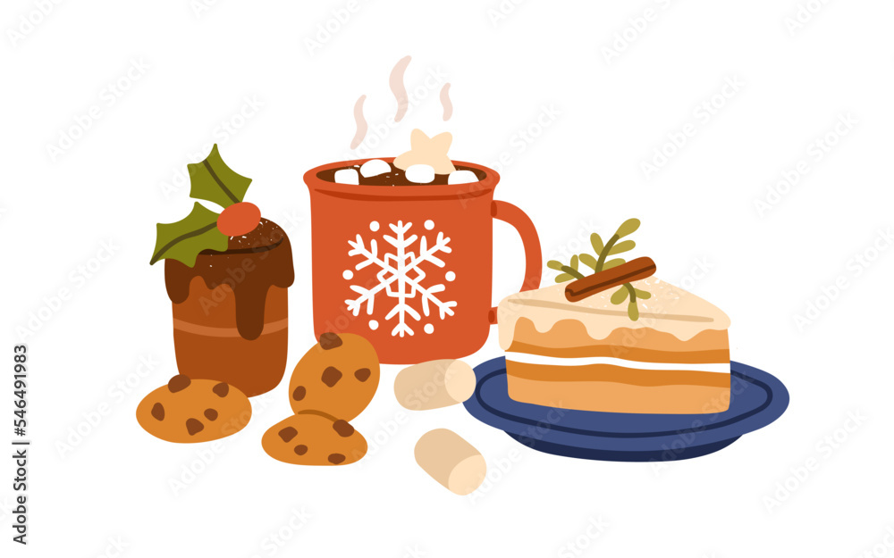 Christmas desserts, cocoa with marshmallow, cookies, cake piece. Festive hot drink in cup, holiday biscuits, pastry, served winter sweet food. Flat vector illustration isolated on white background - obrazy, fototapety, plakaty 
