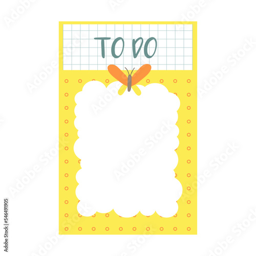 diary page summer pattern with butterfly, cartoon vector illustration. Cute daily planers with colorful patterns for notes, organized week