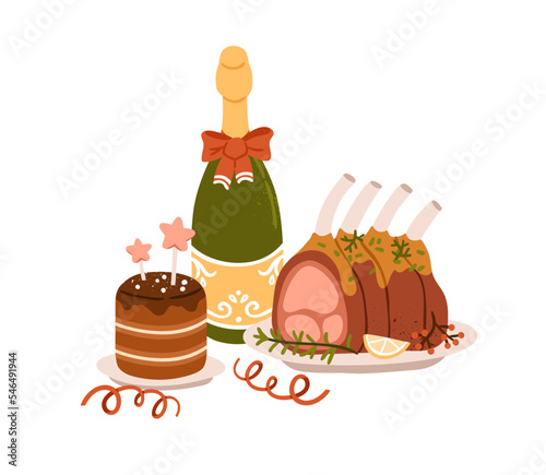 Christmas dishes, festive roasted pork ribs, champagne bottle and cake. Traditional holiday meal with meat and dessert for winter Xmas dinner. Flat vector illustration isolated on white background