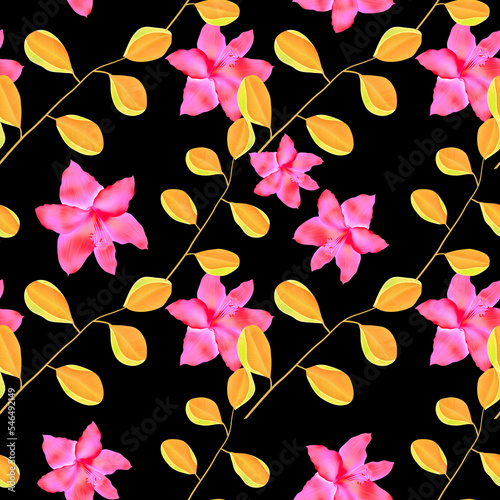 Seamless pattern with Tropical flowers and leaves design. Stylish trendy fashion floral pattern (ID: 546492149)