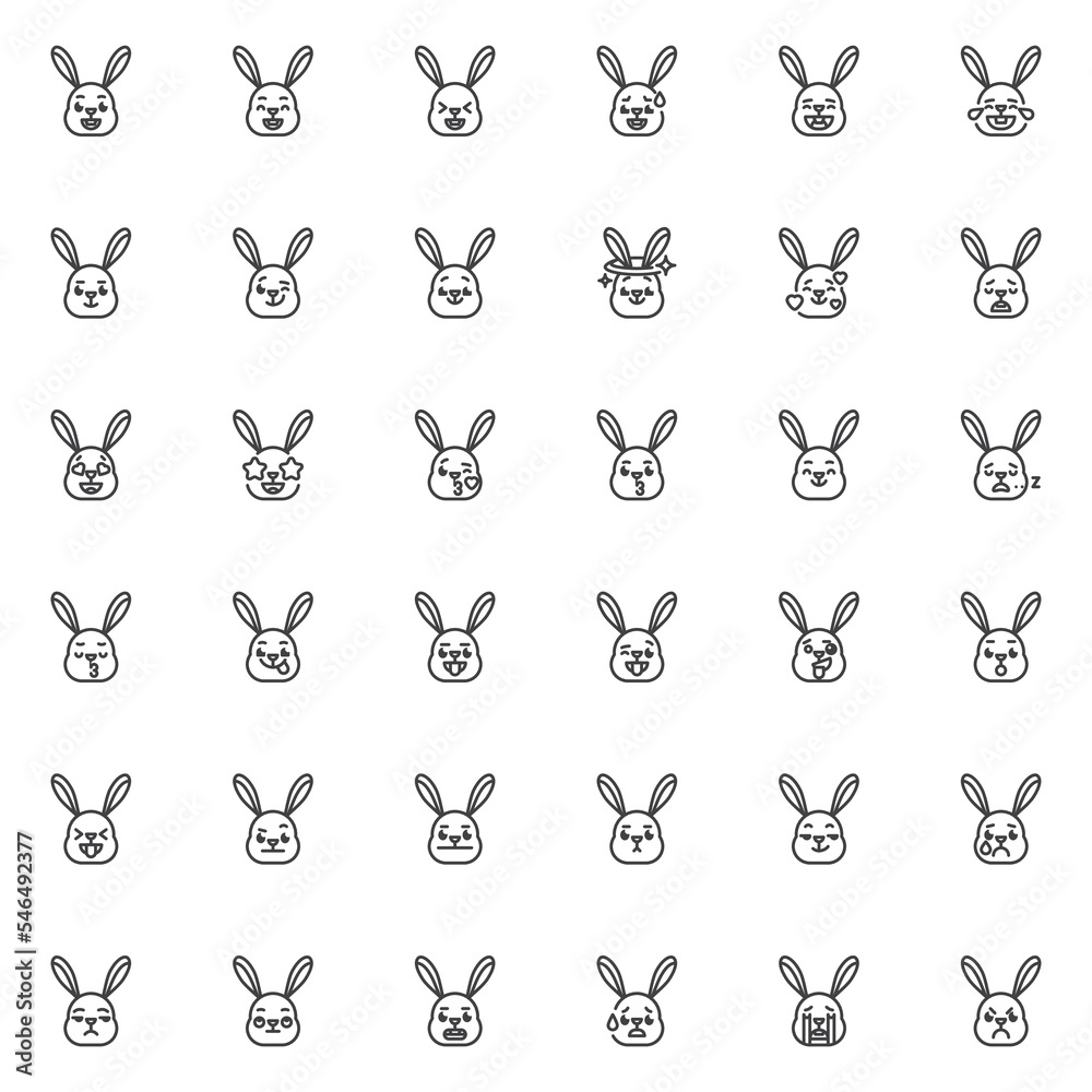Rabbit face emoticons line icons set Rabbit face emoticons line icons set