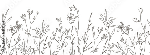 Botanical seamless background with trendy meadow greenery and flowers. Vintage foliage pattern for wedding invitation, wall  art and card template. illustration in hand drawn line art style