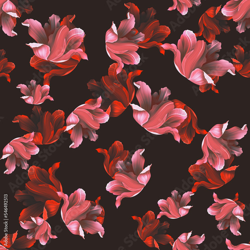Seamless pattern with Tropical flowers and leaves design. Stylish trendy fashion floral pattern (ID: 546492513)
