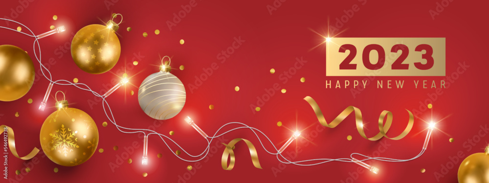 Happy new year and Christmas vector illustration. Christmas balls and golden confetti